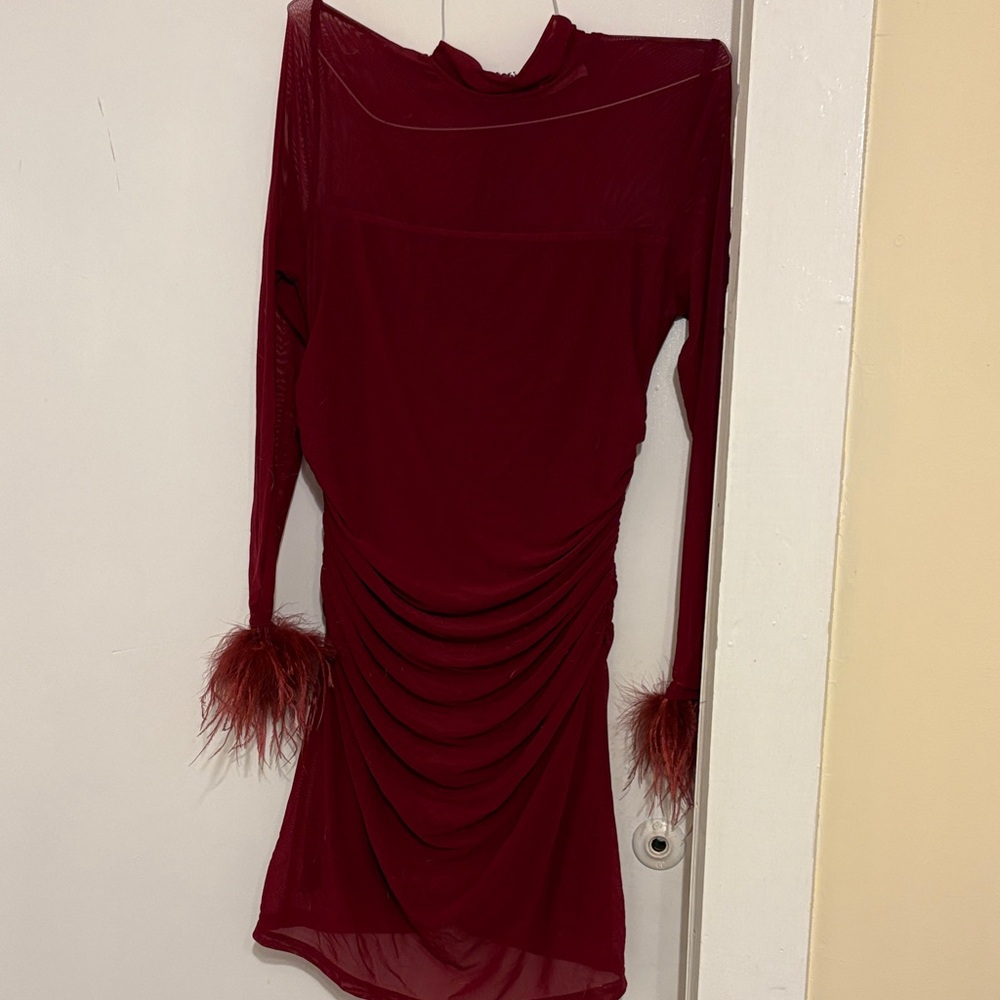 Elegant Burgundy Long Sleeve Mesh and Feather MiniDress